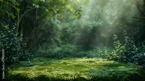 Sunlight filtering through verdant foliage onto a mossy forest floor. Empty copy space for product presentation. Natural green podium or stage. Generative AI