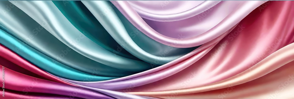 Fototapeta premium Luxury silk fabric blue pink pastel background, smooth elegant satin backdrop for design.Banner with copy space.Generative AI