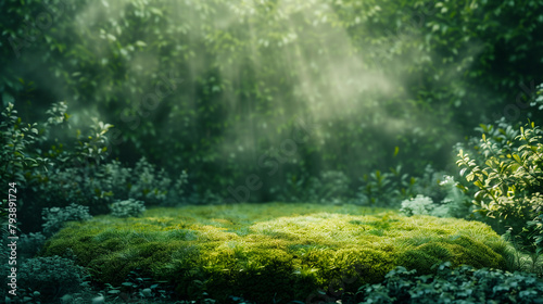 Sunlight filtering through verdant foliage onto a mossy forest floor. Empty copy space for product presentation. Natural green podium or stage. Generative AI