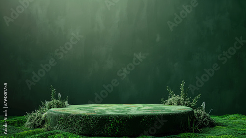 Enchanted forest stage with lush moss and hanging ivy under a mystical green light. Empty minimal podium for product presentation. Generative AI