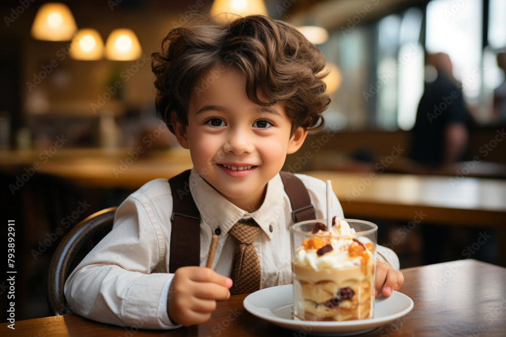 Little Asian boy eating ice cream in cafe Little Asian boy eating ice cream in cafe