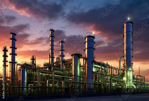 Oil and gas refinery factory at sky sunset background, petrochemical industrial. View of plant, gas storage tank. Manufacturing and industry technology concept. Gen ai illustration. Copy ad text space