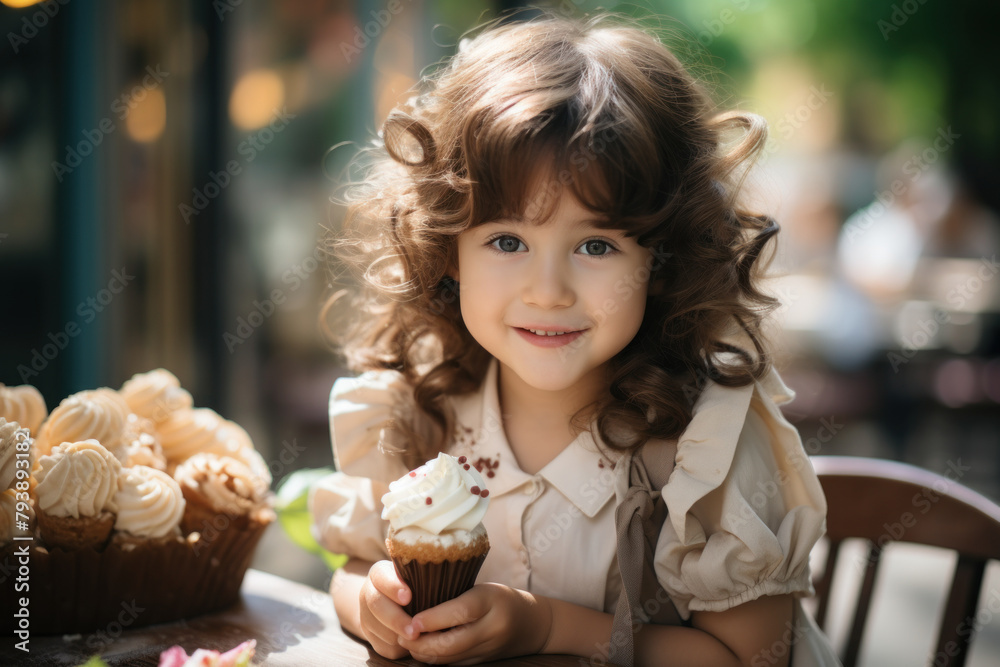 Little Asian girl eating ice cream in cafe Little Asian girl eating ice cream in cafe