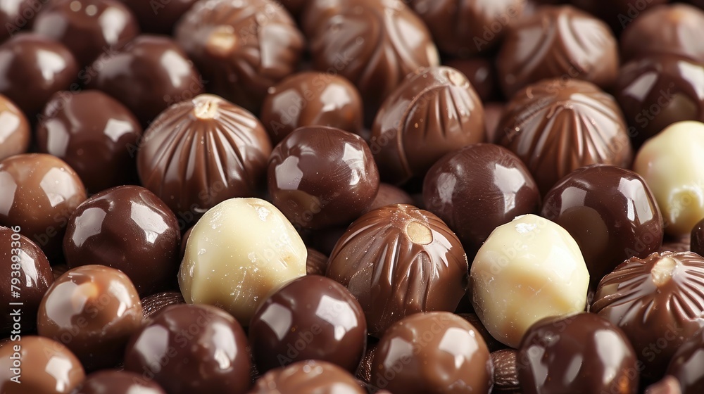 Chocolate covered Belgian candies and hazelnuts with a shiny coating Chocolate covered Belgian candies and hazelnuts with a shiny coating