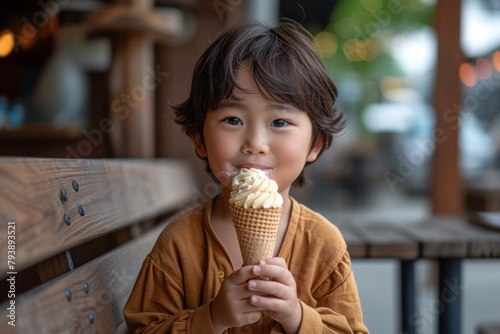 Little Asian boy eating ice cream in background of green trees of park