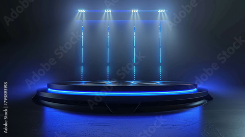 Empty Futuristic 3D Podium With Blue Neon LED Lights For Showcasing Gadgets, Technology Or Electronics