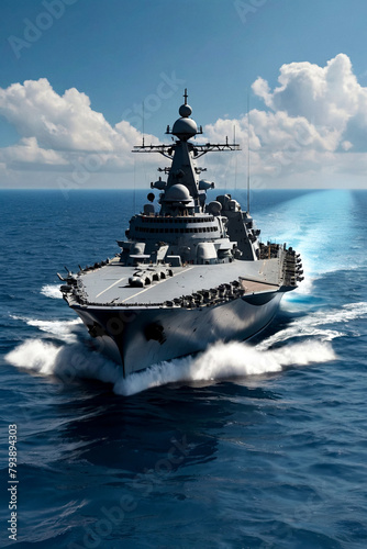 Battleship warship corvette sailing in blue open sea. Military ship floats at skyline scenery  military control of sea. Protection of water state borders. Naval forces army concept. Copy ad text space