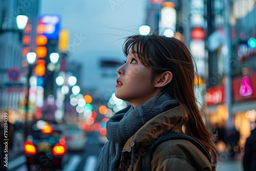 Asian Japanese girl with straight hair and thick clothes walking in the middle of the night city, generative ai