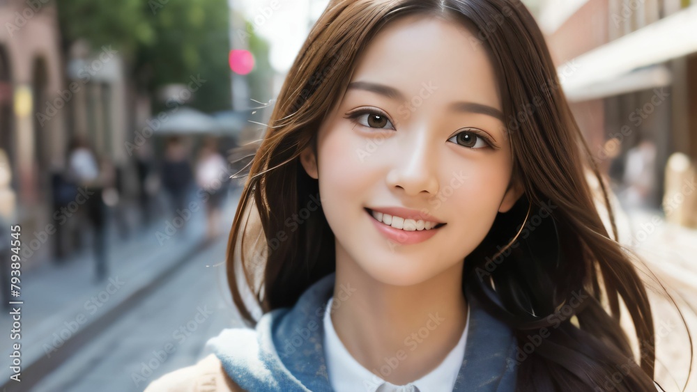 街中を散歩する日本人の若い女性 街中を散歩する日本人の若い女性