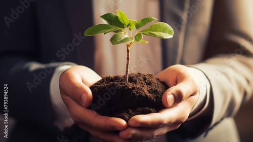 Person in business attire holding young sapling, symbolizing responsible investments in sustainability and growth.