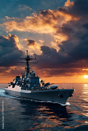 View of naval warship under sunset evening sky, mission military control of open sea. Skyline scenery of battleship on protection of water state borders. Naval forces army concept. Copy ad text space