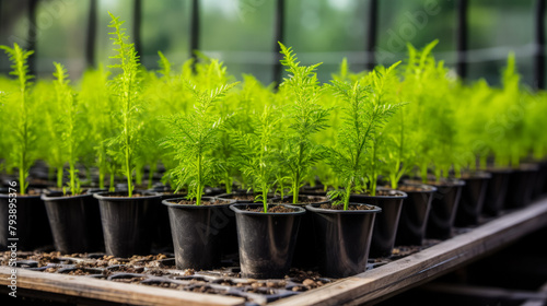 Small green thuja seedlings in black plastic pots, ready for spring planting in the ground. Evergreens. Growing plants for landscape design. Copy space. photo