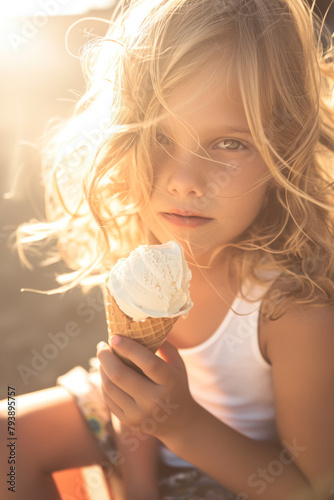 Portrait of a little girl in a dress holding ice cream in a waffle cone, sunlight in her hair. Vertical orientation.