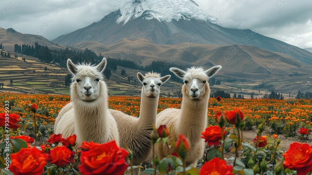 Fototapeta premium Three white llamas in field, with the snow-capped volcano in the background, surrounded by classic red roses. Generative AI.