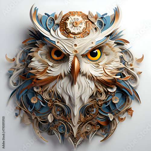 Owl head with ornament on white background. 3d illustration. photo