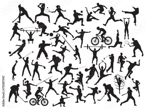 Sports, set of athletes of various sports disciplines. Isolated vector silhouettes. Run, soccer, hockey, volleyball, basketball, rugby, baseball, american football, cycling, golf 