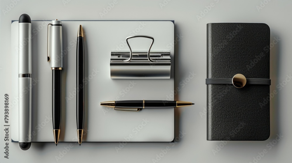 A minimalist set of essential office items including a silver stapler, black pens, and a closed notebook, showcased on a pure white background. Generative AI. A minimalist set of essential office items including a silver stapler, black pens, and a closed notebook, showcased on a pure white background. Generative AI.