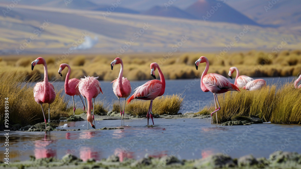 Naklejka premium High-altitude lagoon and volcanoes in Altiplano platea