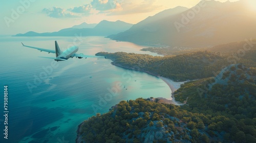 A white passenger plane flies over a group of islands and the sea at sunrise in the summer. The landscape includes mountains  forest  a clear sky  and blue water. This image evokes feelings of travel