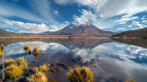 High-altitude lake and volcanoes in Altiplano  photo