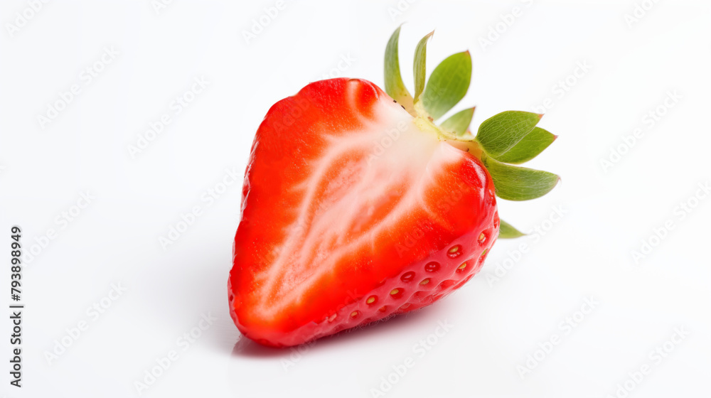 Half slice of strawberry on white background in tilted position 