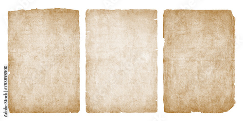 Old vintage paper sheets with ripped edges. Antique paper texture set, isolated on transparent background