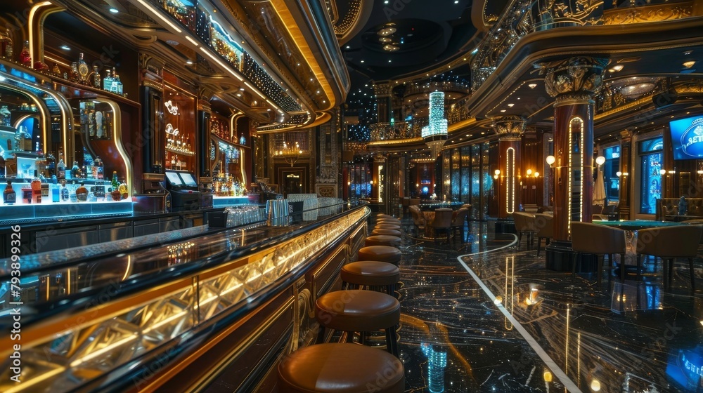 Luxury and Glamour: A photo of a casino bar, featuring a glamorous design, premium drinks