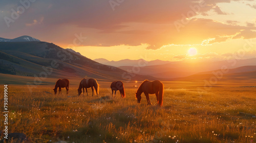 Horses grazing in the mountains at sunset.  © Cedar