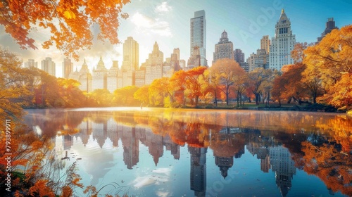 Central park in New York City in sunny autumn