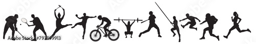 Sports, set of athletes of various sports disciplines. Isolated vector silhouettes. Run, soccer, hockey, volleyball, basketball, rugby, baseball, american football, cycling, golf 