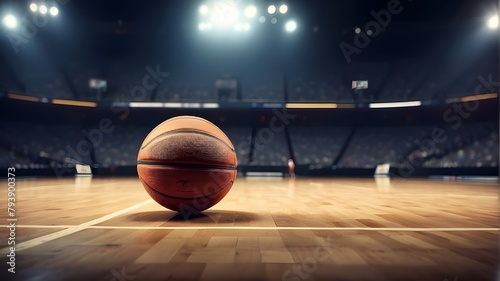 A basketball game is played in a sport arena stadium under a spotlight, with the ball on the ground. Background poster for motivation, sports, and leisure