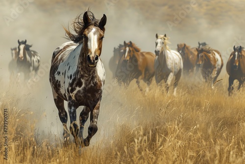American Paint Horse in the Herd and Running, 8K Landscape Photo Realistic 