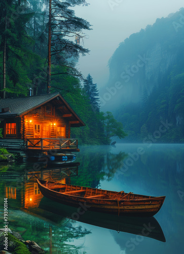 Boat and house on the lake in the mountains