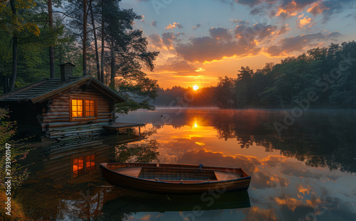 Boat house on the lake at sunset