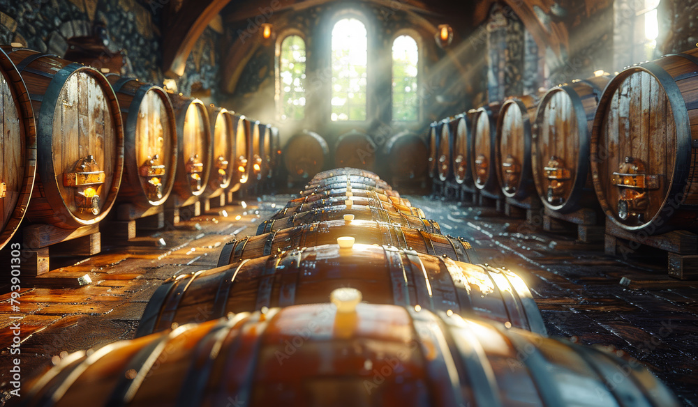 Obraz premium Wine barrels stacked in the old cellar of the winery