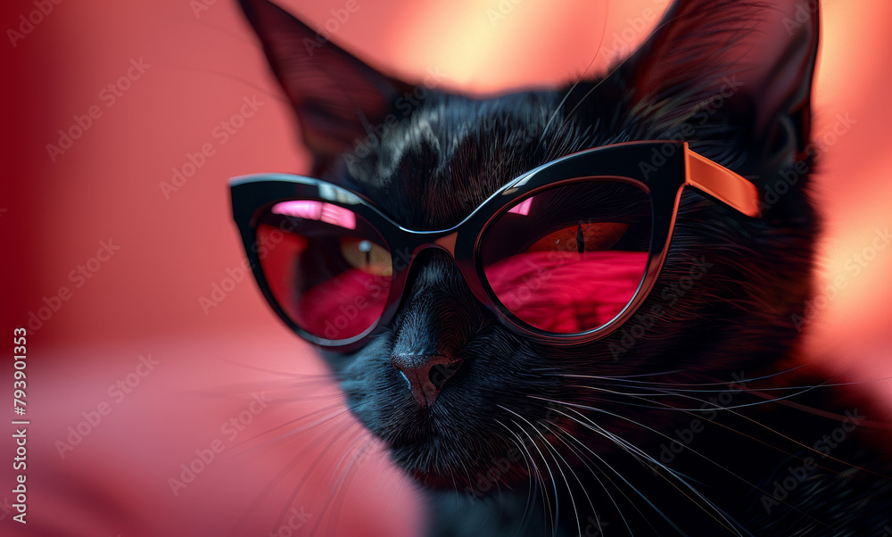 Black cat is wearing sunglasses