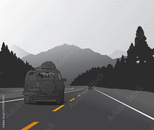 Mountain road drive to back home Vectors and Illustrations background