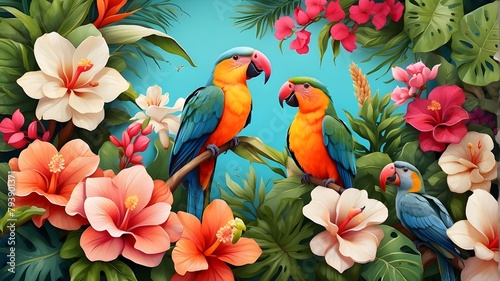 Tropical background wallpaper including birds and flora