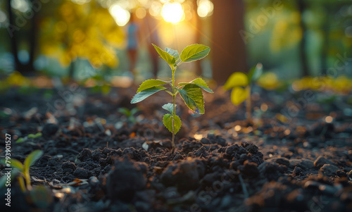 Young plant growing in the soil and blurred green nature background