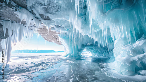 Ice cave with icicles on Baikal lake. Abstract winter