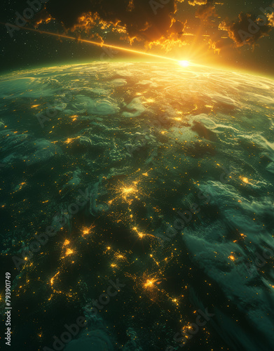 Earth from space at night with city lights and atmosphere during sunrise 3D rendering elements