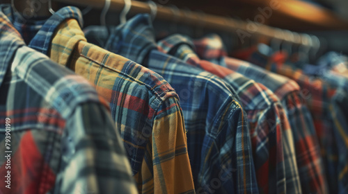 Men's shirts on hangers in the store. Shallow depth of field