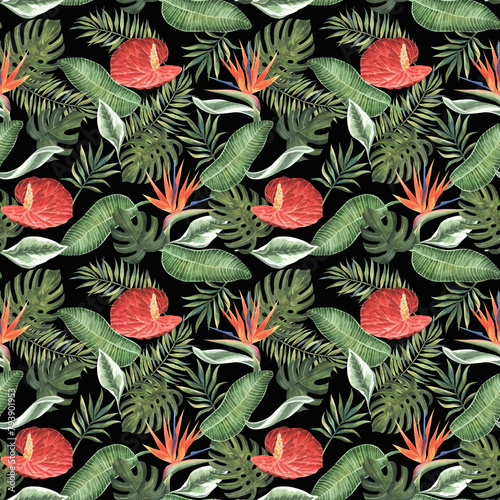 Anthurium and strelitzia seamless pattern. Large red, orange, pink, flowers and green leaves on white background. Square design for fabric, wallpaper, scrapbook, wrap, invitation cards.