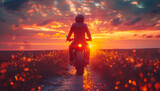 Girl rides motorcycle on dirt road at sunset