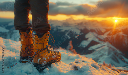 Hiker in orange boots stands on snow-covered mountain at sunset photo