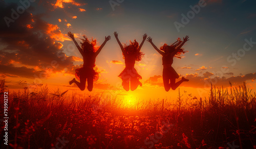 Three girls jumping on the field at the sunset time