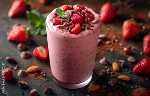 Strawberry smoothie with chocolate and nuts in glass on dark rustic wooden background