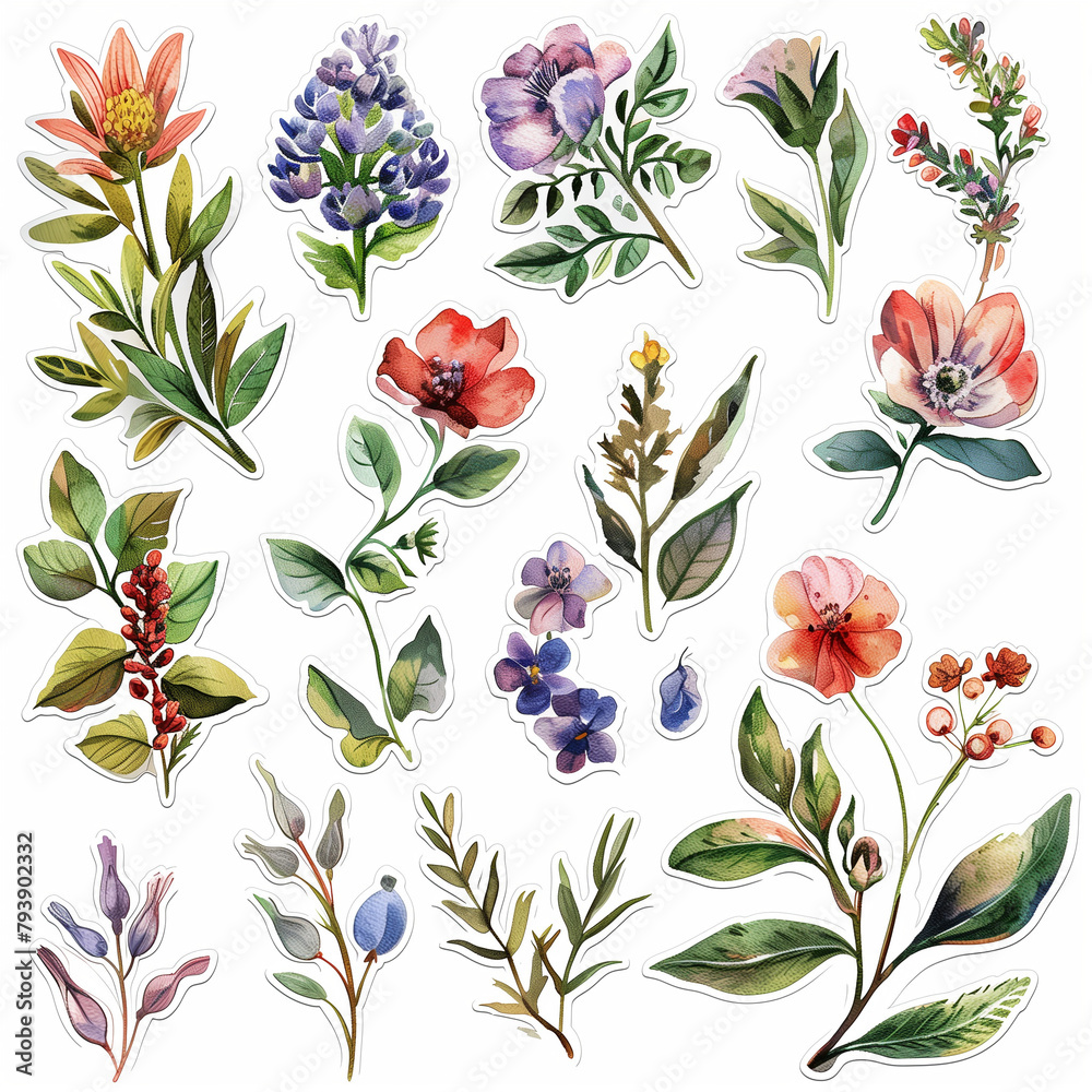 nature stickers, detailed illustrations of flowers and leaves, watercolor style