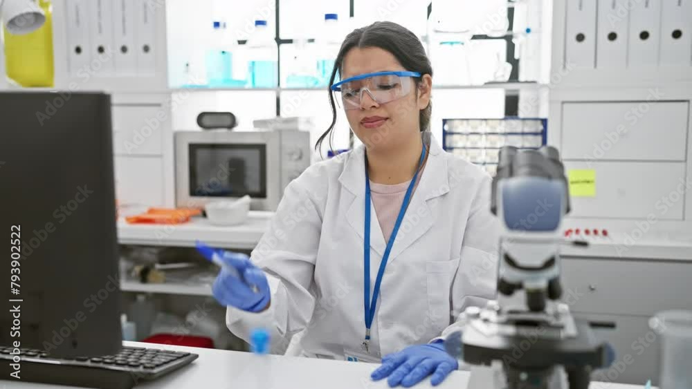 Frustration at the lab, beautiful young hispanic woman scientist, mad and crazy, yelling in stressful rage, arms raised, emotion visible behind safety glasses Frustration at the lab, beautiful young hispanic woman scientist, mad and crazy, yelling in stressful rage, arms raised, emotion visible behind safety glasses