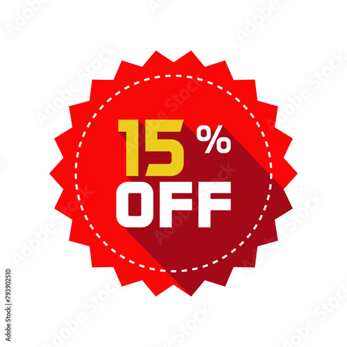 Sale tag vector badge template, 15 percent off sale label symbol, 15% discount promotion flat icon with long shadow, clearance sale sticker emblem, bargain red sign rosette design isolated on white